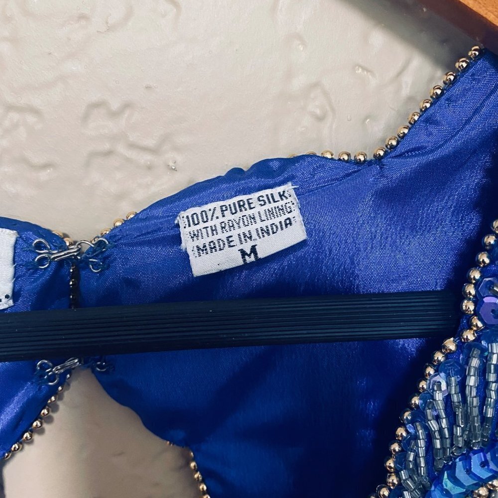 Linzas Vintage Y2K Straight Dress Gown Size Medium Blue Silk Sequined - Picture 3 of 10